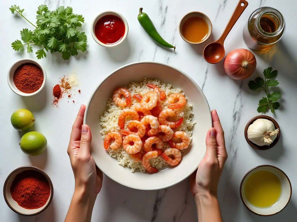 Ingredients for spicy shrimp over rice