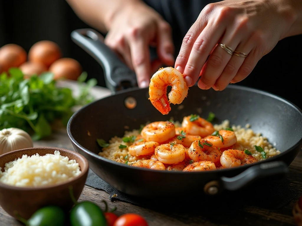 Cooking seasoned shrimp in a skillet