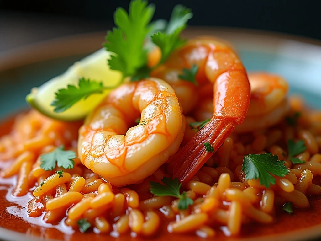 Garnished spicy shrimp rice bowl