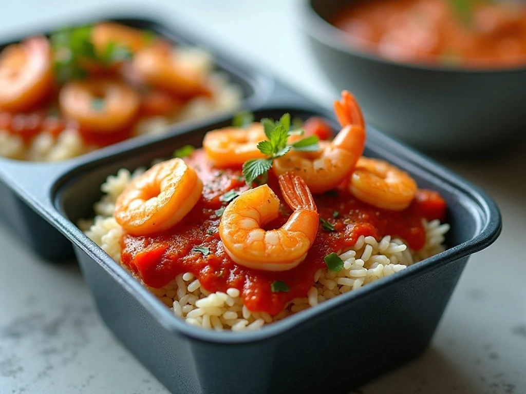 Spicy shrimp and rice meal prep portions