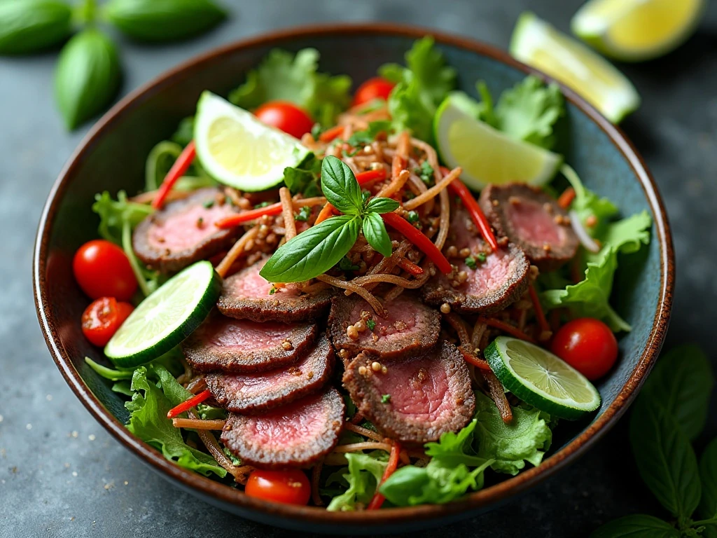 Colorful spicy Thai beef salad with steak, herbs, cucumber, tomatoes, and chilies