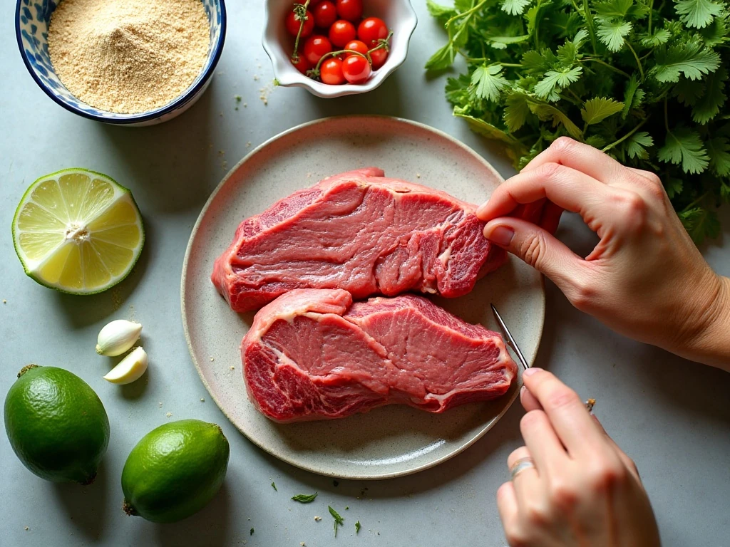Ingredients for spicy Thai beef salad arranged on a kitchen surface