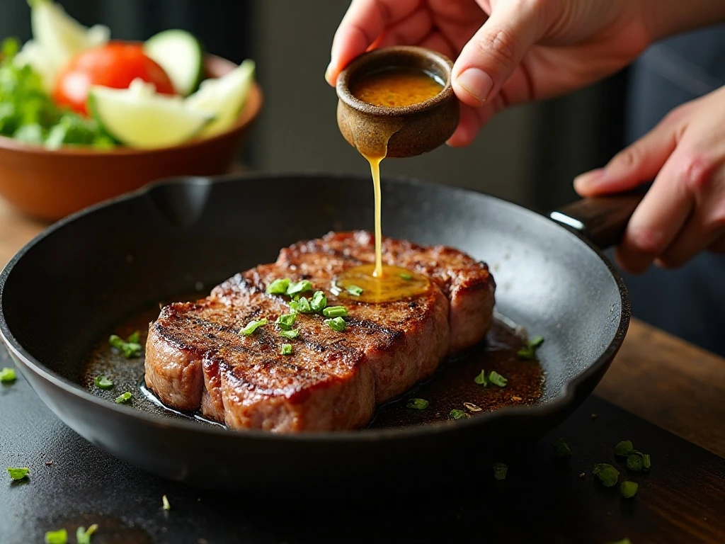 Steak searing while ingredients are prepared for Thai beef salad