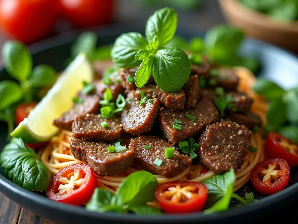Thai beef salad finished with herbs, chilies, scallions, and toasted rice powder