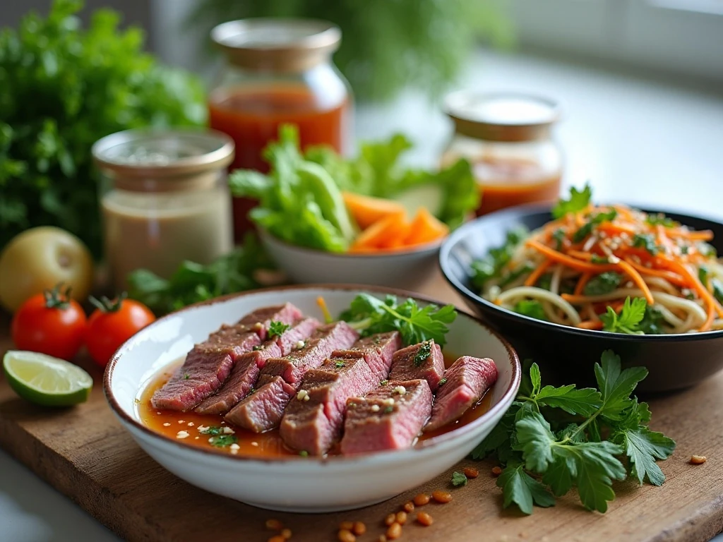 Thai beef salad components prepared separately for make-ahead storage