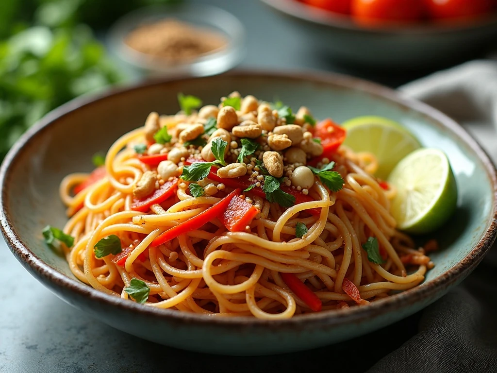 Spicy Thai spaghetti salad with colorful vegetables, herbs, and peanuts