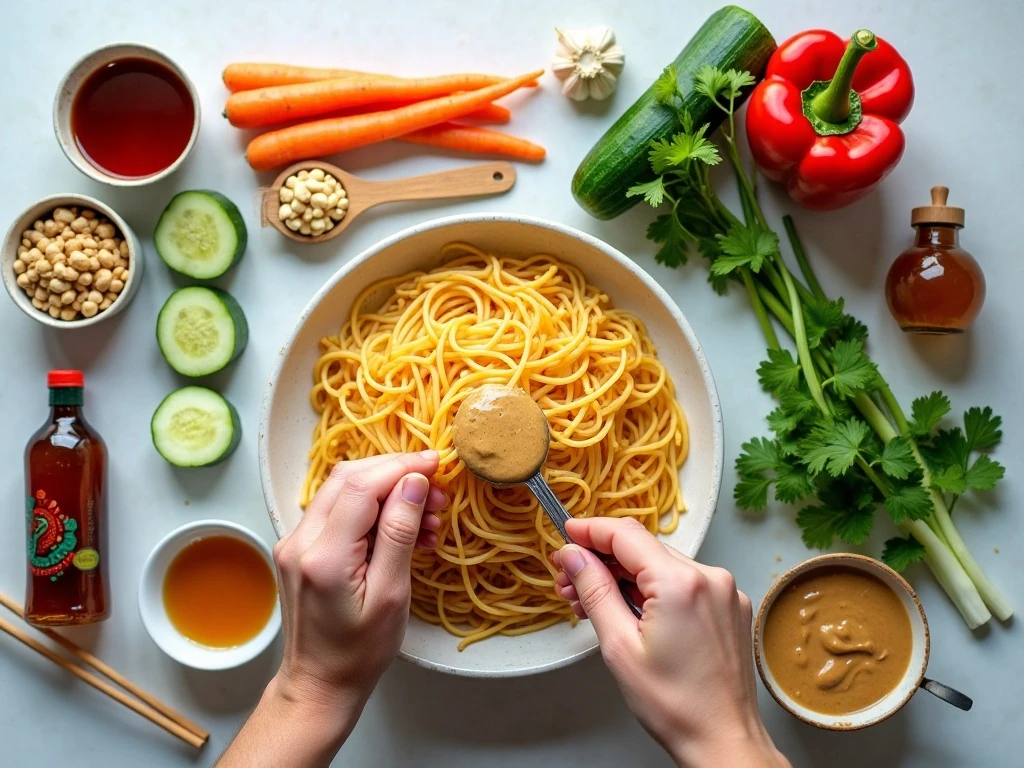 Ingredients for spicy Thai spaghetti salad and peanut dressing