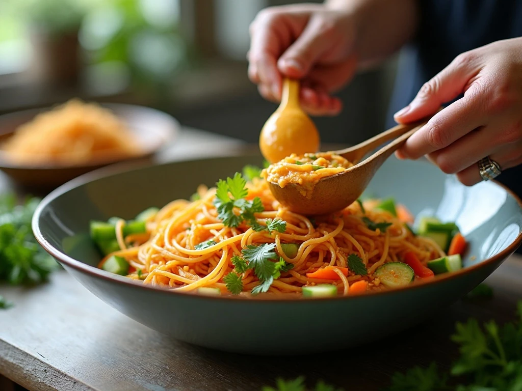 Spaghetti and vegetables being tossed with Thai peanut dressing
