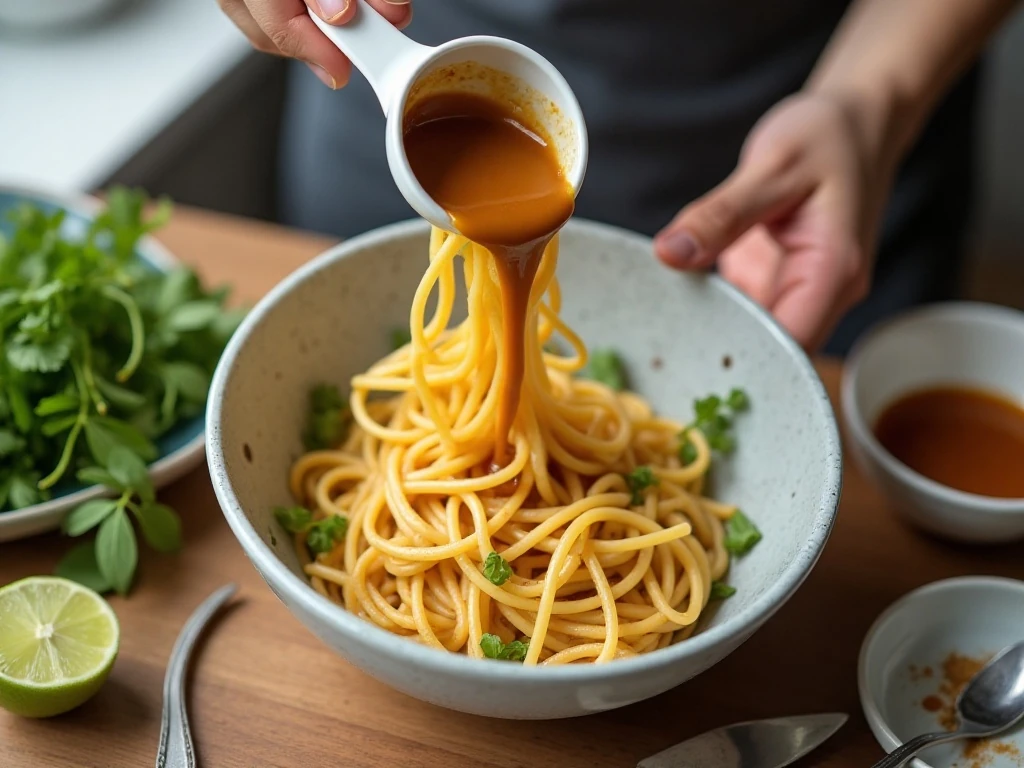 Cold drained spaghetti and smooth spicy peanut dressing