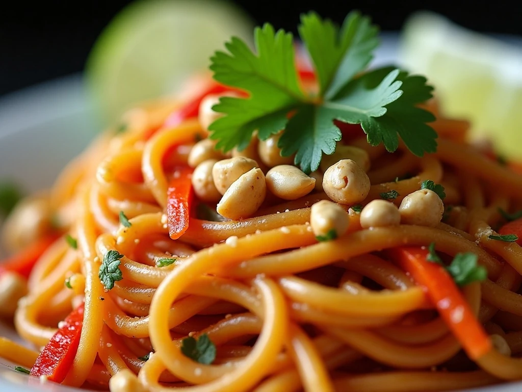 Peanuts and cilantro garnishing Thai spaghetti salad