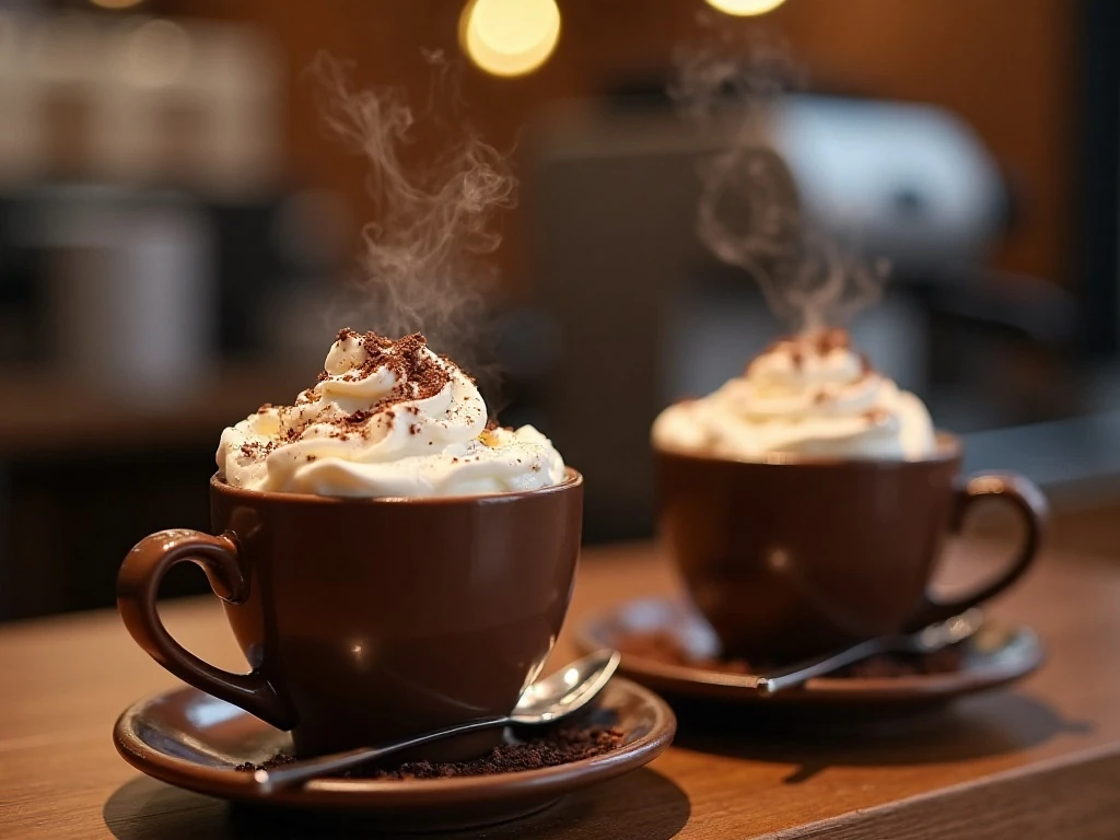 Two rich spiked mocha cappuccinos topped with whipped cream and cocoa