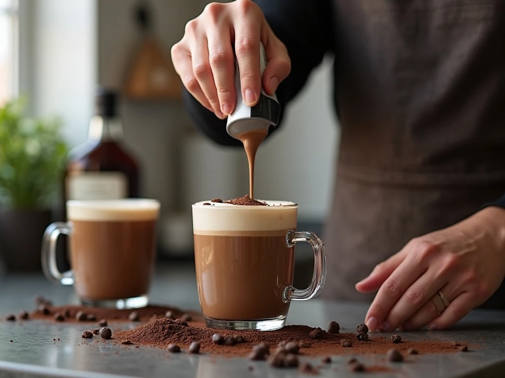Frothing warm chocolate milk for a mocha cappuccino