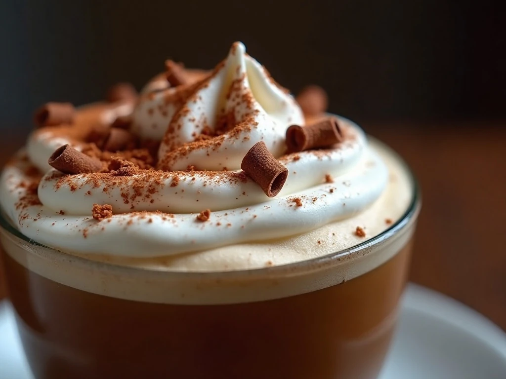 Cocoa and chocolate garnish on a spiked mocha cappuccino