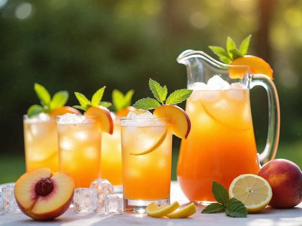 Pitcher and glasses of refreshing spiked peach Arnold Palmer cocktails with peaches, lemon, and mint