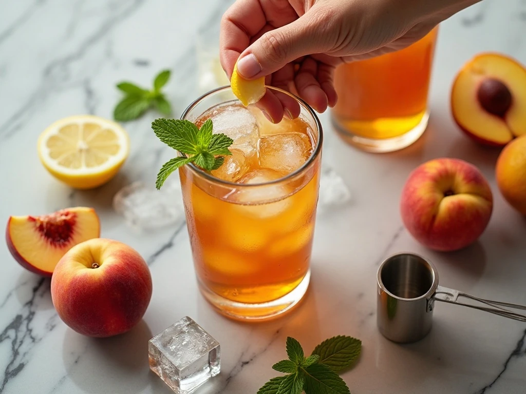 Ingredients for a spiked peach Arnold Palmer cocktail arranged in a flat lay
