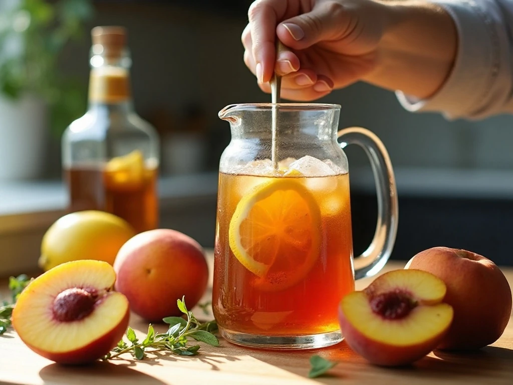Preparing peach Arnold Palmer ingredients in a glass pitcher