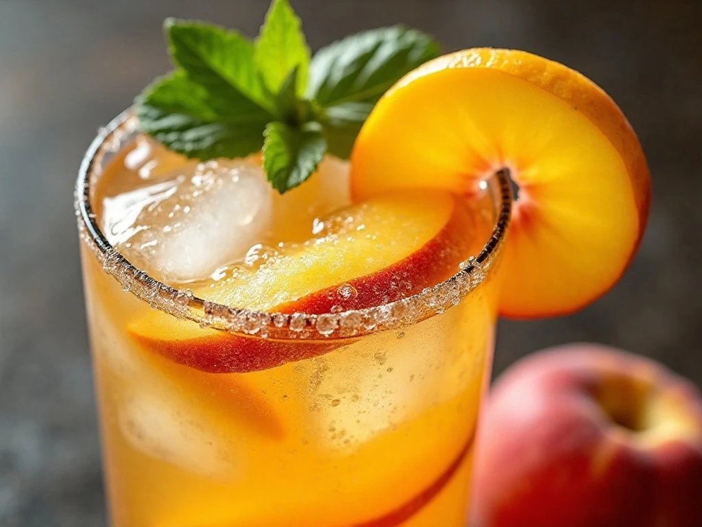 Close-up of peach, lemon, mint, and ice garnishing a spiked Arnold Palmer