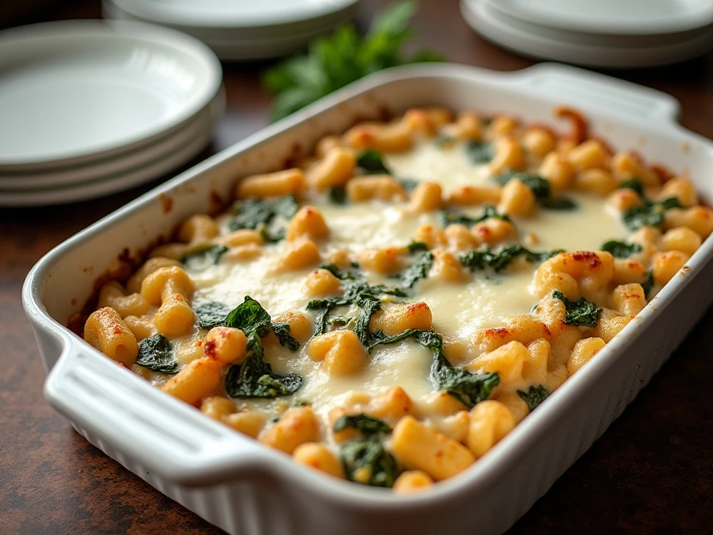 Creamy spinach and artichoke pasta bake with golden melted cheese