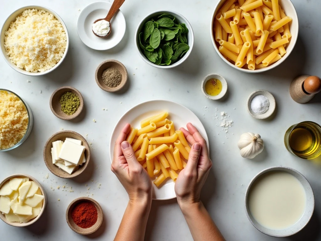 Ingredients for creamy spinach and artichoke pasta bake