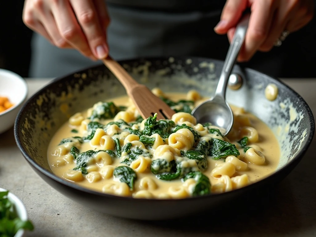 Preparing creamy spinach and artichoke pasta sauce