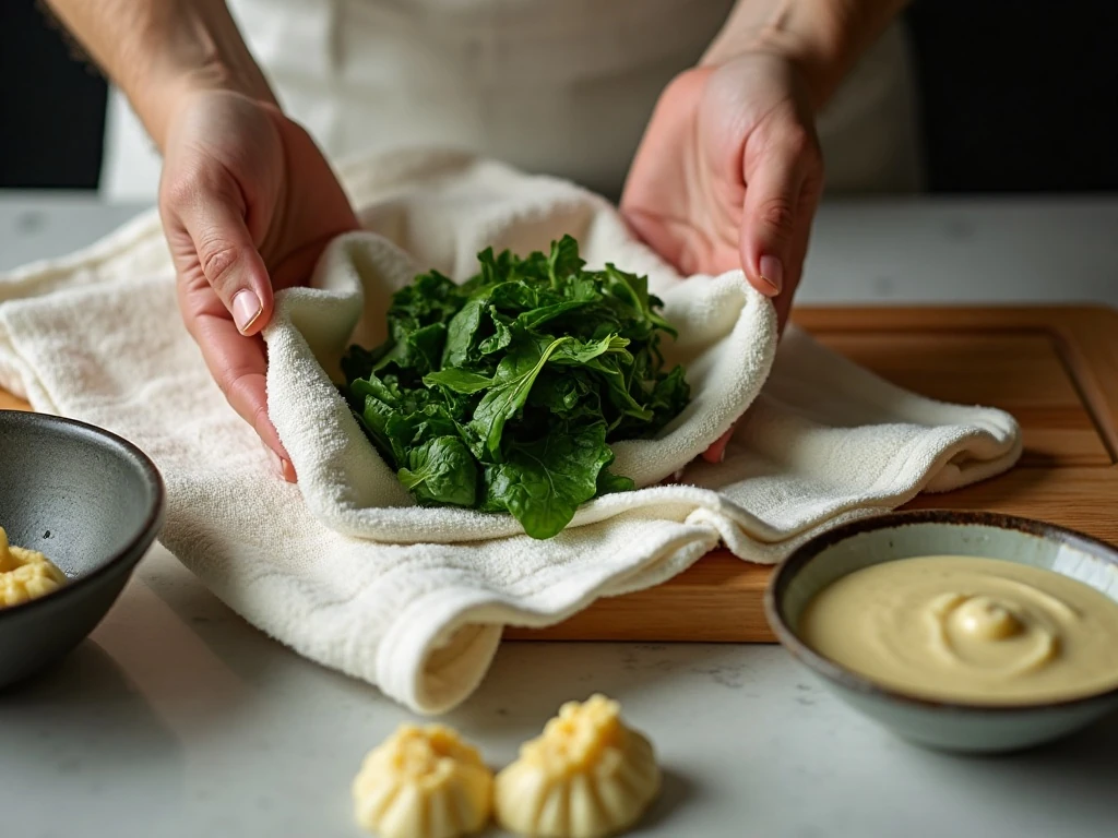 Squeezing spinach dry for a creamy pasta bake