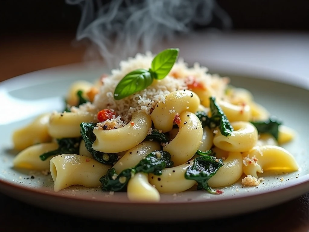Close-up serving of spinach artichoke pasta bake with Parmesan