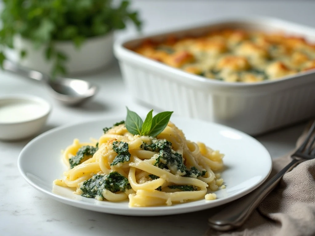 Stored and reheated creamy spinach and artichoke pasta bake