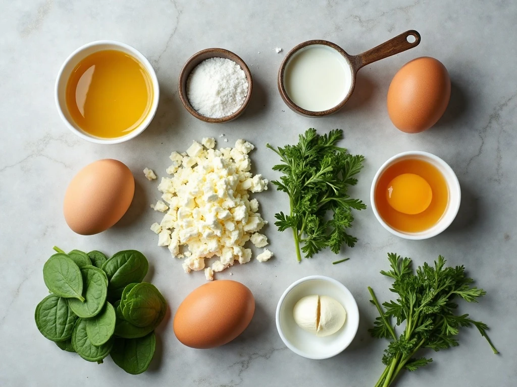 Ingredients for spinach and feta frittata arranged for cooking