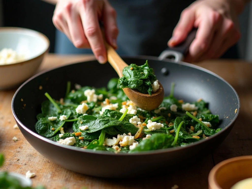 Spinach and onion cooking in a skillet for a frittata