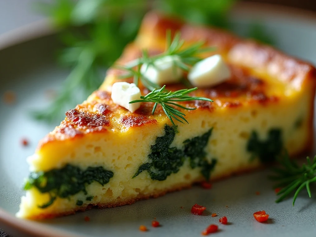 Close-up of tender spinach feta frittata with dill garnish