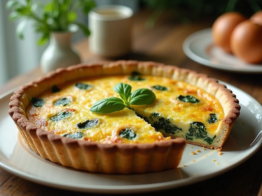 Golden spinach artichoke quiche with one slice removed