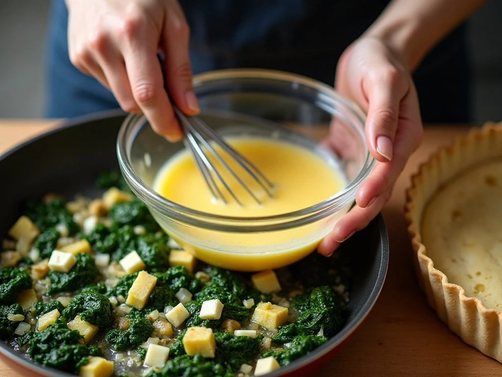 Preparing spinach artichoke quiche filling and custard