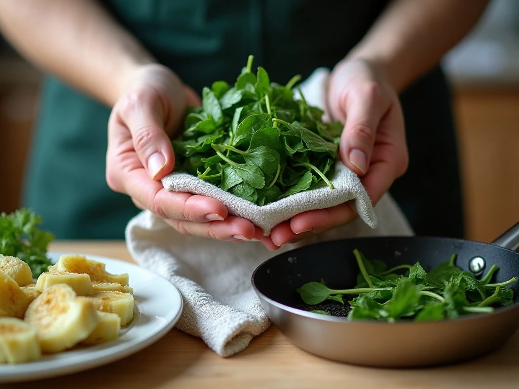 Removing excess moisture from spinach for quiche