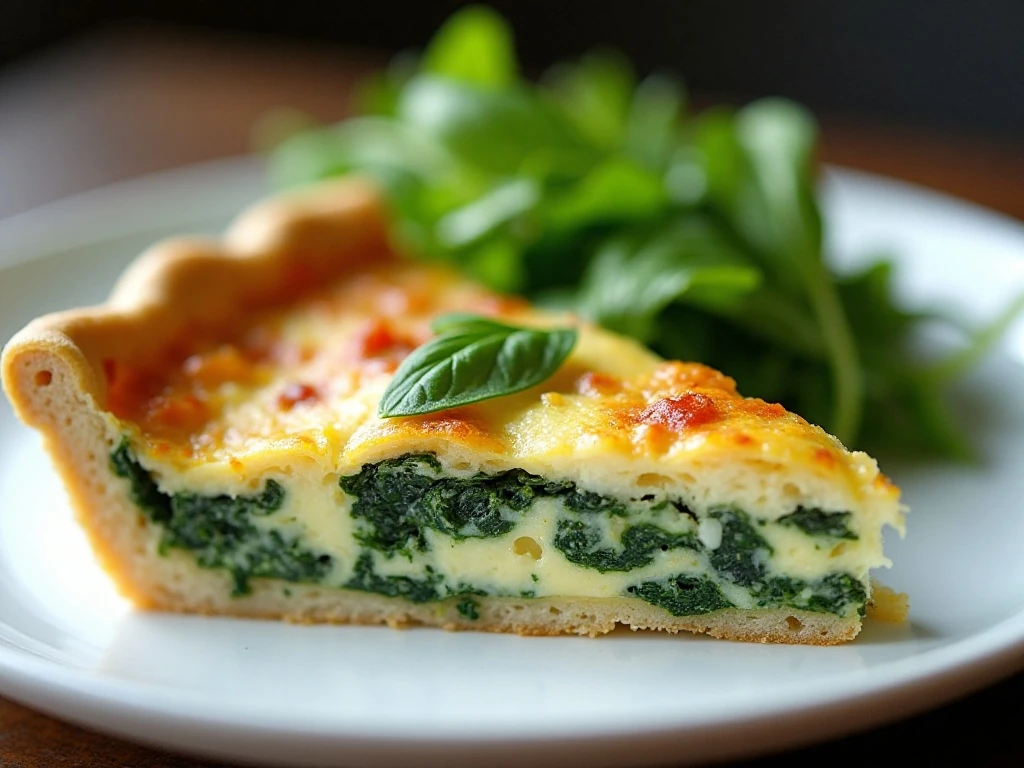 Close-up slice of spinach artichoke quiche served with greens