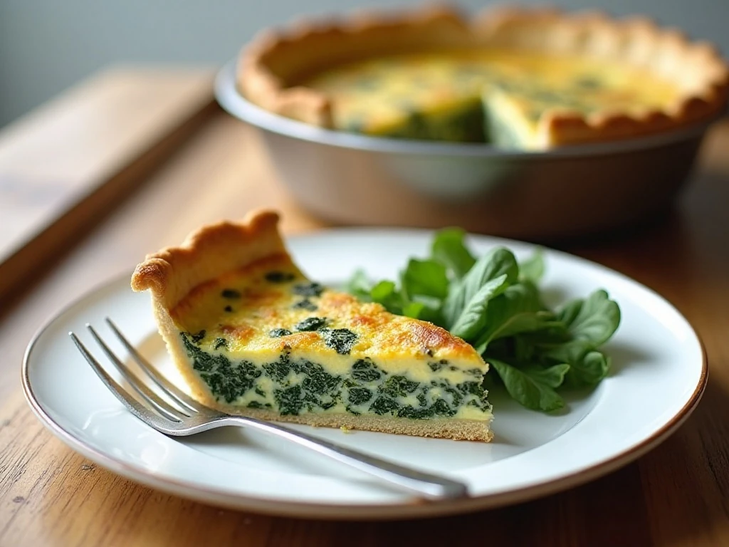 Reheated spinach artichoke quiche slice