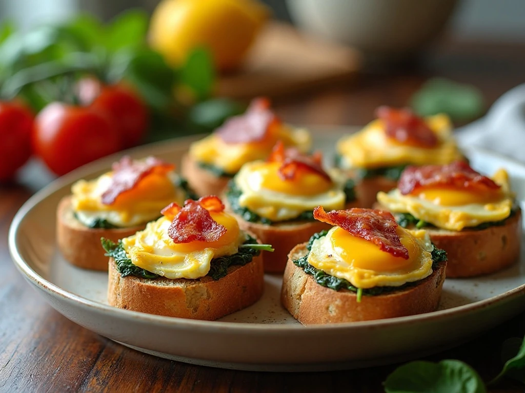 Spinach bacon breakfast bruschetta arranged on a platter