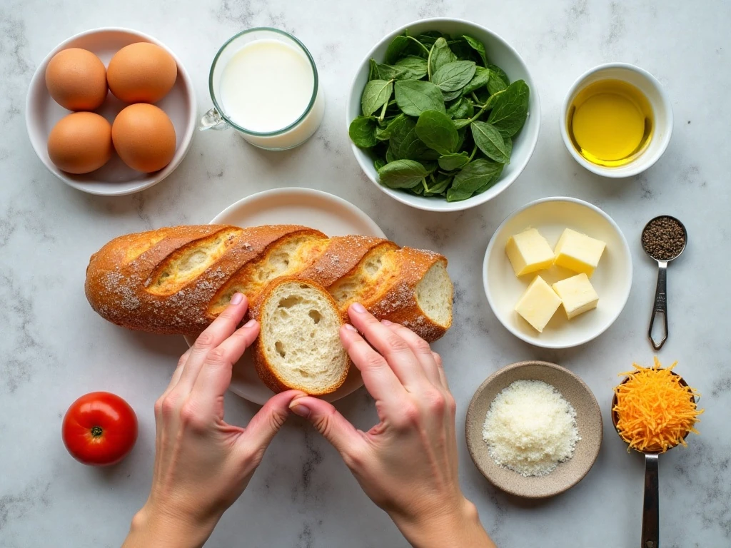 Ingredients for spinach bacon breakfast bruschetta