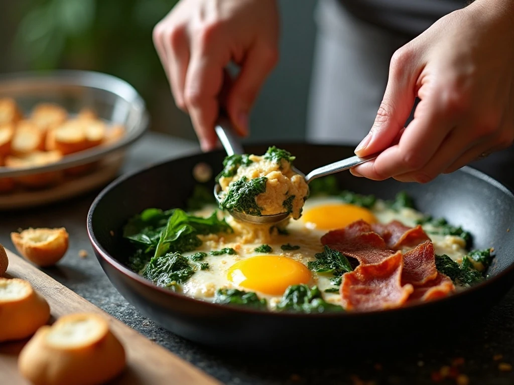 Soft eggs being combined with spinach and bacon for bruschetta