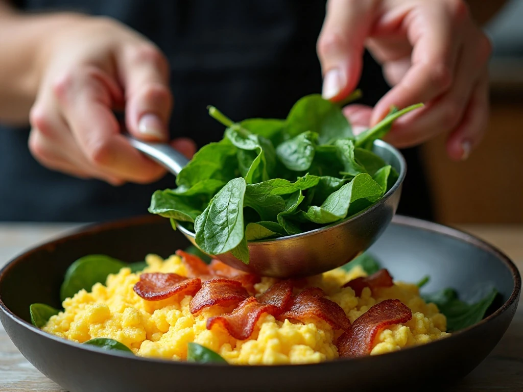 Draining wilted spinach before adding it to egg topping