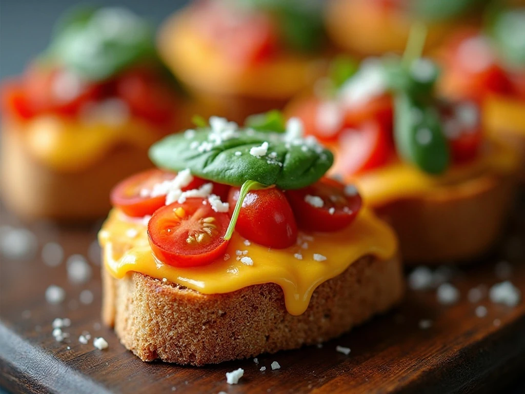 Tomato-garnished spinach bacon breakfast bruschetta