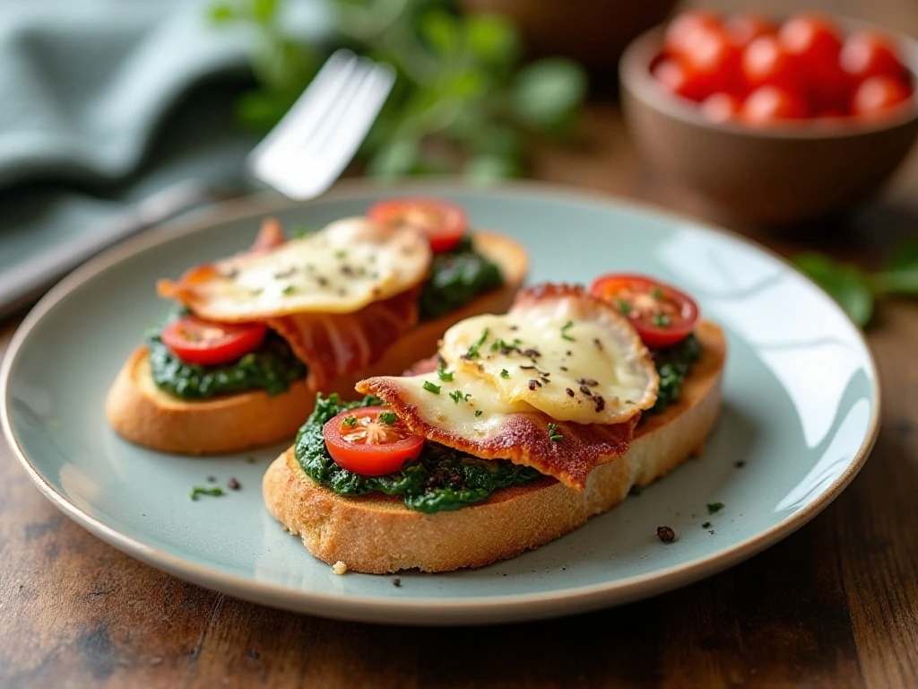 Reheated spinach bacon breakfast bruschetta ready to serve