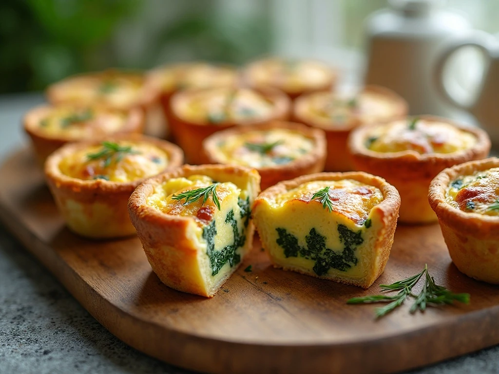 Platter of spinach bacon and cheese mini quiches for brunch