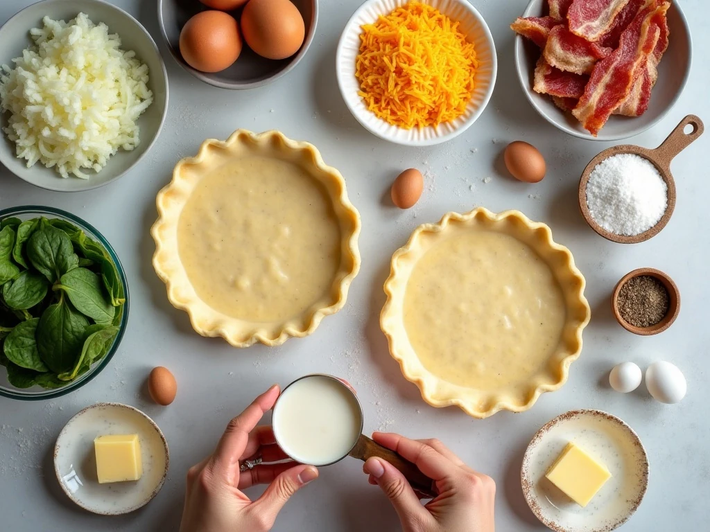 Ingredients for spinach bacon and cheese mini quiche