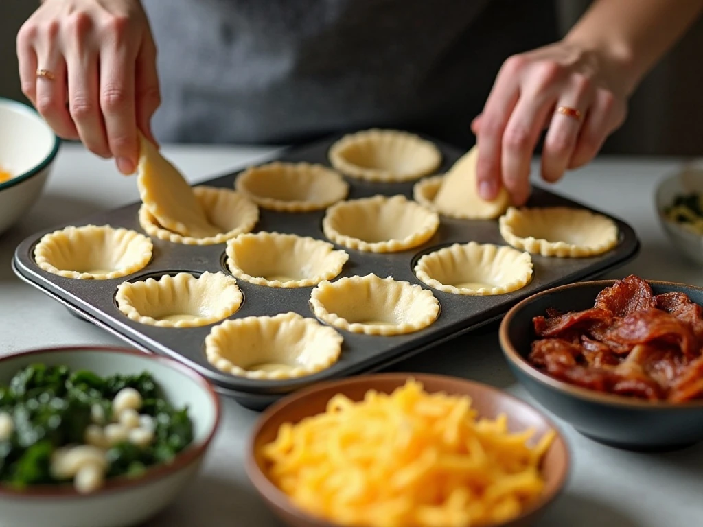 Preparing pastry shells for mini quiche in a muffin pan