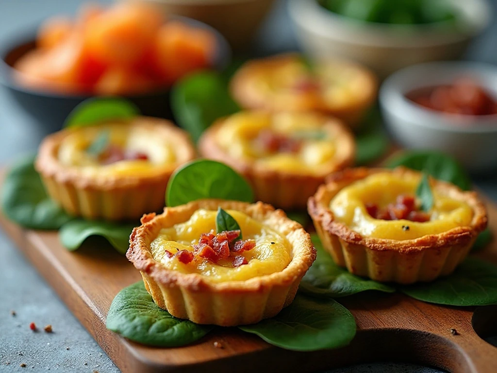 Mini quiches served warm on a brunch board