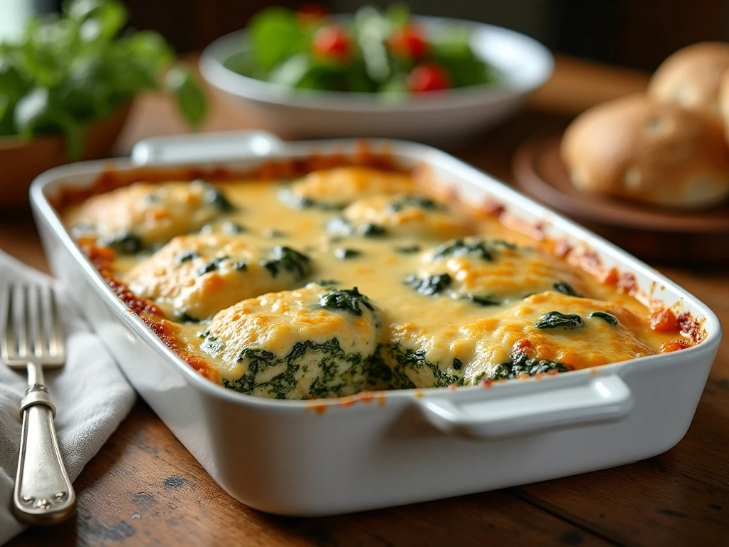 Creamy spinach chicken casserole served as a comforting family dinner