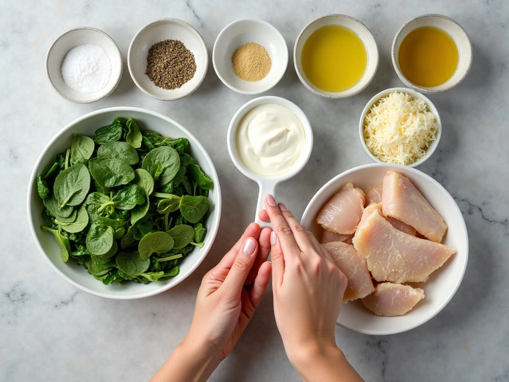 Ingredients for easy spinach chicken casserole arranged for cooking