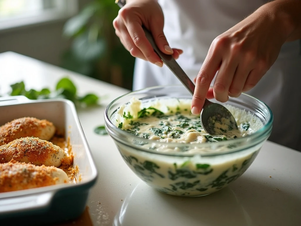 Preparing the creamy spinach cheese mixture for chicken casserole