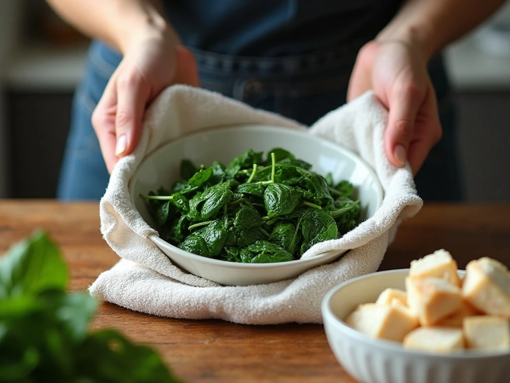 Squeezing excess moisture from thawed spinach for casserole