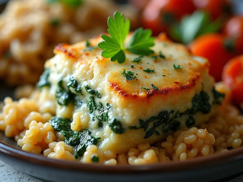 Spinach chicken casserole served with rice and vegetables